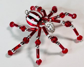 Red And White Beaded Spider Charm Crystal Spider Charm Christmas Spider Ornament Beaded Spider Pendant Spider Sun Catcher  Beaded Spider