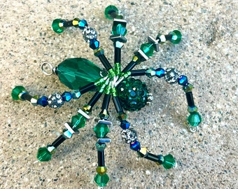 Green Beaded Spider Charm Christmas Spider Ornament Beaded Spider Pendant Spider Sun Catcher Beautiful Spider Necklace