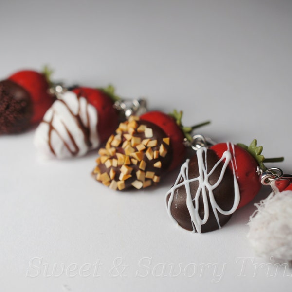 Chocolate Covered Strawberry Charm Set, Valentines Day Charms, Miniature Food Jewelry