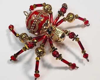 Red And Gold Beaded Spider Charm Crystal Spider Charm Christmas Spider Ornament Beaded Spider Pendant Spider Sun Catcher  Lucky Spider