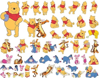 May include: A collection of cartoon illustrations featuring Winnie the Pooh, Tigger, Eeyore, and Piglet. The characters are depicted in various poses and activities, with a yellow and red color scheme.