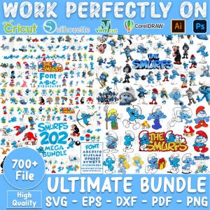 Könnte beinhalten: Ein digitales Grafikpaket mit verschiedenen Schlümpfe-Charakteren und verwandten Elementen. Enthält den Text "WORK PERFECTLY ON Cricut silhouette vinyl cut" und "ULTIMATE BUNDLE" mit Dateityp-Optionen wie SVG, EPS, DXF, PDF und PNG.
