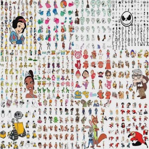 May include: A collage of cartoon character illustrations, including Disney princesses, Toy Story characters, and characters from the movie "Turning Red." The image also features characters from "The Nightmare Before Christmas" and the movie "Up."