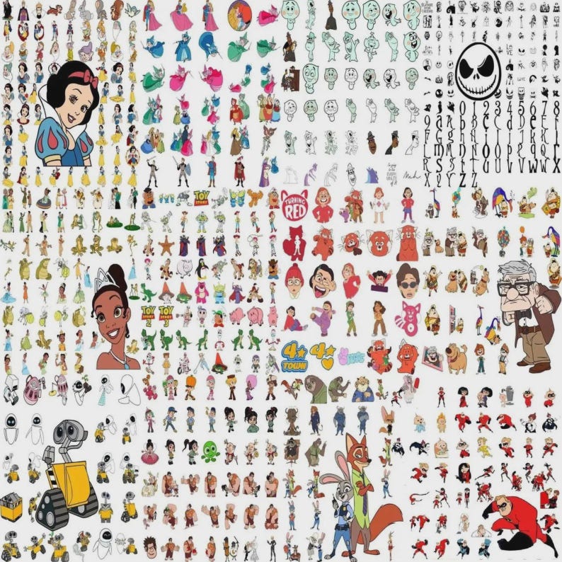 May include: A collage of cartoon character illustrations, including Disney princesses, Toy Story characters, and characters from the movie "Turning Red." The image also features characters from "The Nightmare Before Christmas" and the movie "Up."