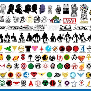 Peut inclure: Une collection de logos et de silhouettes de personnages Marvel et Avengers en noir et blanc. Comprend des logos pour Spider-Man, Hulk, Thor, etc. Le mot "Marvel" est également affiché.