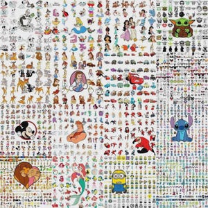 May include: A collage of various cartoon characters, including Disney and Pixar characters. The image features characters like Mickey Mouse, Ariel, Belle, and Stitch, along with other animated figures. The characters are arranged in a dense, colorful pattern.