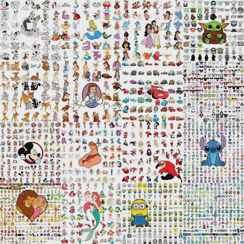 May include: A collage of various cartoon characters, including Disney and Pixar characters. The image features characters like Mickey Mouse, Ariel, Belle, and Stitch, along with other animated figures. The characters are arranged in a dense, colorful pattern.