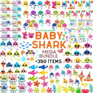 Puede incluir: Un colorido paquete de arte digital con varios personajes de Baby Shark y gráficos relacionados. La imagen incluye múltiples ilustraciones de tiburones en diferentes colores, junto con elementos de texto como "Baby Shark" y "Mega Bundle +350 Items."