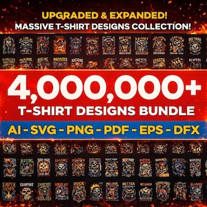Op de afbeelding: Een promotieafbeelding voor een enorme bundel t-shirtontwerpen. De afbeelding toont een raster van verschillende t-shirtontwerpen met schedelafbeeldingen. De tekst luidt "4.000.000+ T-SHIRT DESIGNS BUNDLE" met bestandsformaatopties.