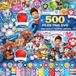 Puede incluir: Un conjunto de diseño gráfico digital con personajes de la serie animada Paw Patrol. La imagen incluye varios personajes, escudos, huellas de patas y el texto "500 FILES PNG SVG". El diseño está sobre un fondo azul con estrellas.