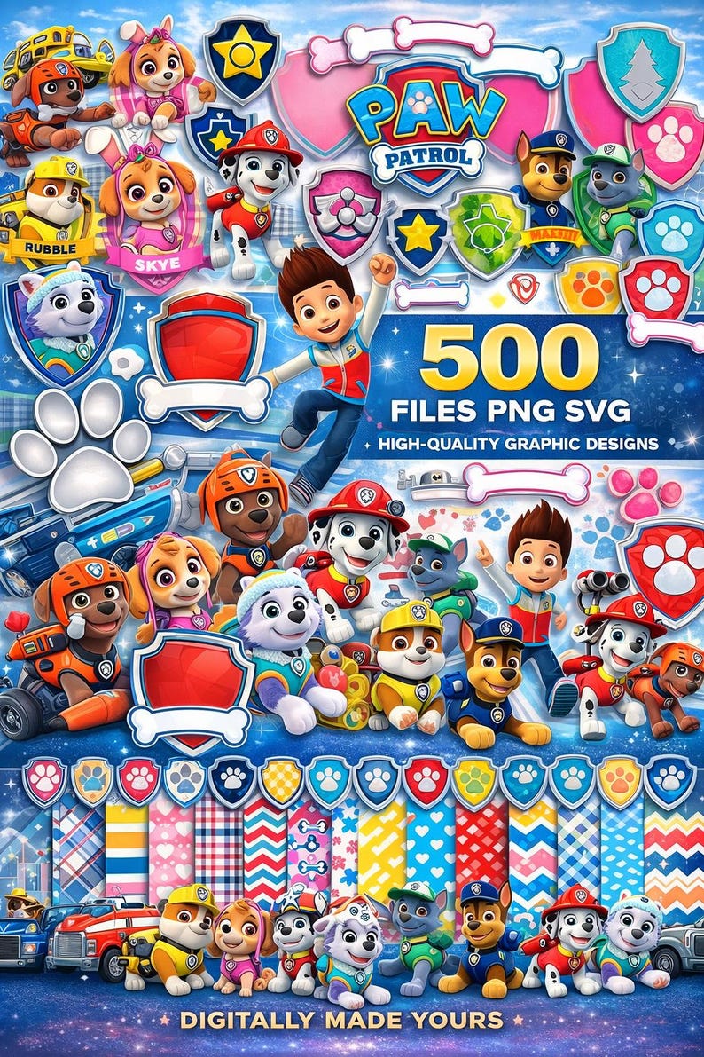 May include: A digital graphic design set featuring characters from the Paw Patrol animated series. The image includes various characters, shields, paw prints, and the text "500 FILES PNG SVG". The design is set against a blue background with stars.