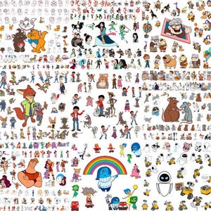 May include: A collection of cartoon character illustrations, including characters from Disney and Pixar films. The image features characters like Mulan, Judy Hopps, Nick Wilde, Remy, and characters from Inside Out and Wall-E. The illustrations are in various sizes and poses.