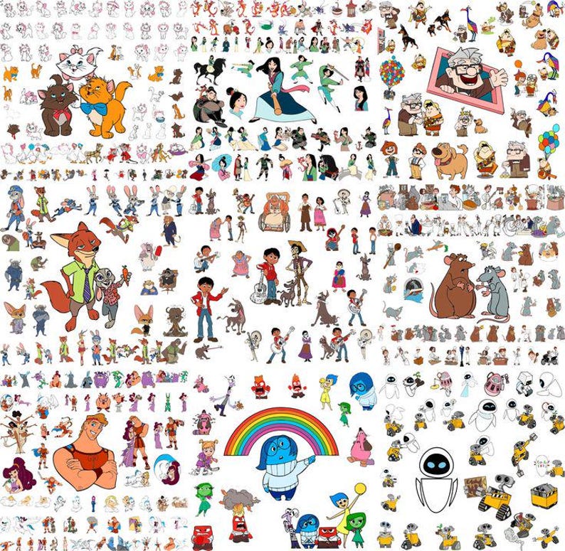 May include: A collection of cartoon character illustrations, including characters from Disney and Pixar films. The image features characters like Mulan, Judy Hopps, Nick Wilde, Remy, and characters from Inside Out and Wall-E. The illustrations are in various sizes and poses.
