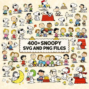 Puede incluir: Ilustración colorida con Snoopy y los personajes de Peanuts. La imagen incluye el texto "400+ SNOOPY SVG AND PNG FILES" en un marco blanco con forma de nube. Los personajes están dibujados en estilo de dibujos animados.