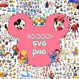May include: A vibrant collage of cartoon characters, including Mickey Mouse, Minnie Mouse, and Winnie the Pooh, arranged around a pink Mickey Mouse silhouette. The image includes the text "90,000+ SVG PNG".