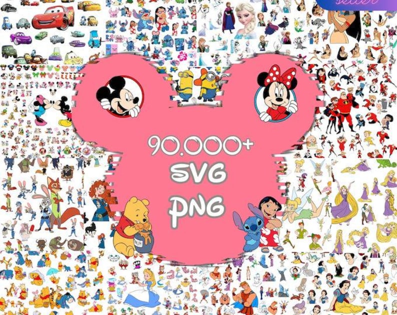 May include: A vibrant collage of cartoon characters, including Mickey Mouse, Minnie Mouse, and Winnie the Pooh, arranged around a pink Mickey Mouse silhouette. The image includes the text "90,000+ SVG PNG".