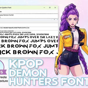 Puede incluir: Diseño de fuente digital con un personaje de estilo anime con cabello púrpura y una chaqueta amarilla. La fuente se llama "KPOP DEMON HUNTERS FONT" e incluye texto de muestra y una imagen de bonificación.