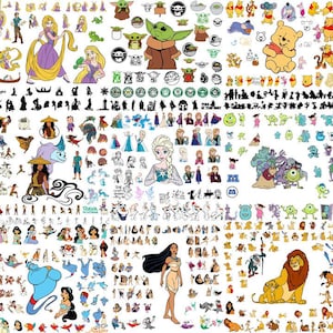 May include: A collection of various cartoon character images, including Rapunzel, Baby Yoda, Winnie the Pooh, and Disney princesses. The images are in various sizes and styles, suitable for stickers or crafts.