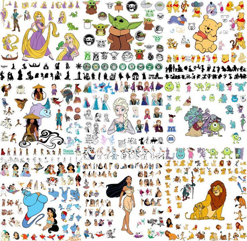 May include: A collection of various cartoon character images, including Rapunzel, Baby Yoda, Winnie the Pooh, and Disney princesses. The images are in various sizes and styles, suitable for stickers or crafts.