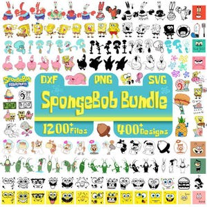 May include: A collection of colorful SpongeBob SquarePants character designs in various poses. The image includes characters like SpongeBob, Patrick, Squidward, and Mr. Krabs, along with the text "SpongeBob Bundle" and "1200+ Files, 400+ Designs."