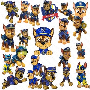 May include: A selection of cartoon images of a brown and tan dog in a blue police uniform and hat. The images are in various sizes and poses, including 3D figures and flat illustrations. The word "CHASE" is displayed on a shield.