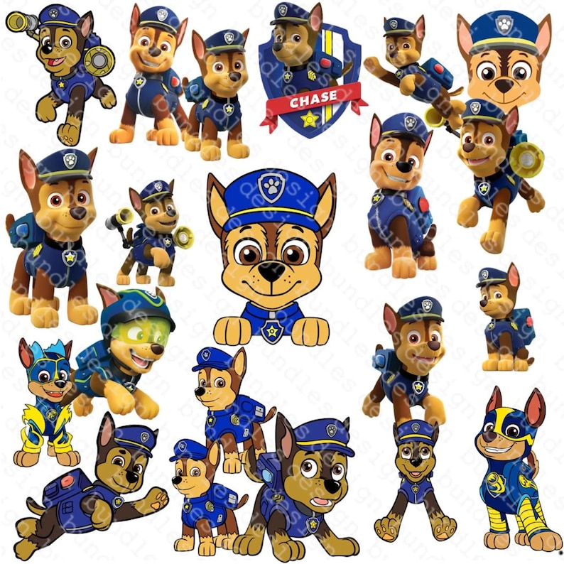 May include: A selection of cartoon images of a brown and tan dog in a blue police uniform and hat. The images are in various sizes and poses, including 3D figures and flat illustrations. The word "CHASE" is displayed on a shield.
