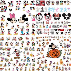 May include: A collection of various Mickey Mouse and Minnie Mouse themed stickers and graphics. The designs include full-body characters, faces, and logos, in a variety of poses and styles. Some stickers feature text, bows, and holiday themes.