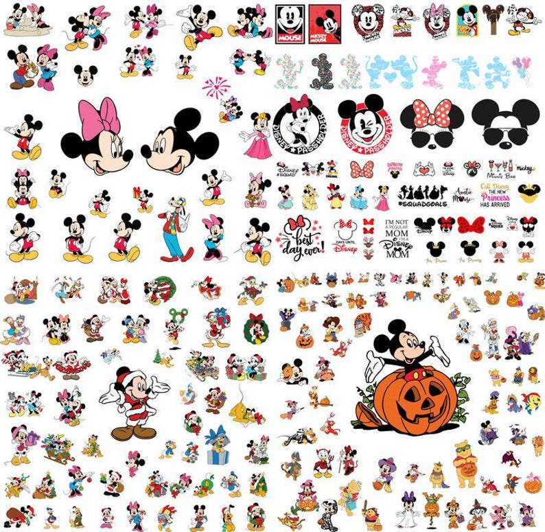 May include: A collection of various Mickey Mouse and Minnie Mouse themed stickers and graphics. The designs include full-body characters, faces, and logos, in a variety of poses and styles. Some stickers feature text, bows, and holiday themes.