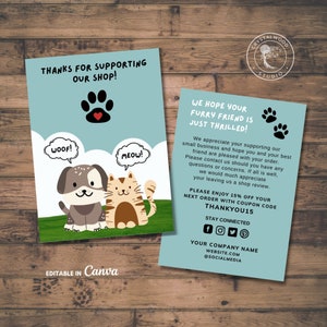 Printable Dog Cat Pet Business Customer Appreciation Card Template, Editable Thank You Package Insert, Pet Business Coupon Code Card, Canva