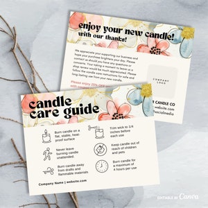 Boho Floral Candle Care Card Template, Editable Candle Business Thank You Card, Printable Candle Package Order Insert Card, Canva Template