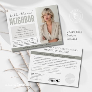 May include: Real estate marketing card with a photo of a woman in a blazer. The card includes the text "hello there! NEIGHBOR" and "BUY SELL INVEST". The back of the card has text about selling a home.