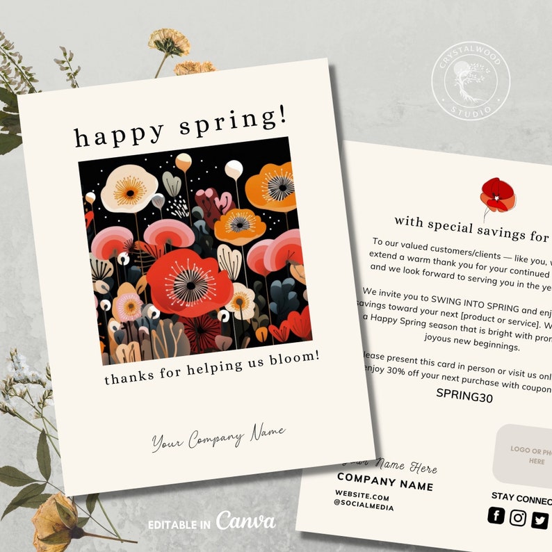 Printable Corporate Business Spring Thank You Card Postcard Template, Editable Custom Message Client Customer Thank You Insert Card, Canva image 1