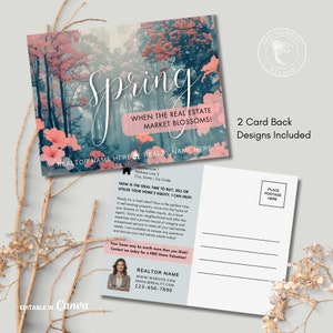 Printable Real Estate April Spring Postcard Template, Editable Realtor Marketing Farming Referral Post Card, Direct Mail Postcard, Canva image 2