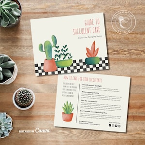 Printable Succulent Care Card Template, Editable Succulent Cactus Plant Care Instruction Card, Floral Plant Business Thank You Insert, Canva