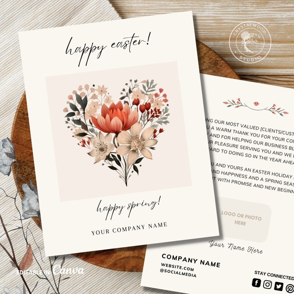 Printable Corporate Business Spring Easter Card Template, Editable Custom Message Client Thank You Post Card, Realtor Postcard, Canva