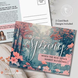 Printable Real Estate April Spring Postcard Template, Editable Realtor Marketing Farming Referral Post Card, Direct Mail Postcard, Canva image 1