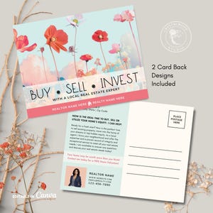 Summer Real Estate Postcard Template, Editable Buy Sell Invest Postcard, Printable Summer Wildflowers Realtor Farming, Pop-By Card, Canva