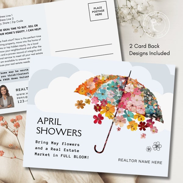 April Showers Real Estate Postcard Template, Editable Message Realtor Marketing Spring Post Card, Local Realtor Direct Mail Postcard, Canva