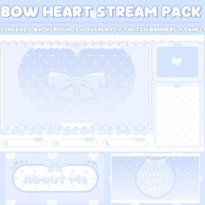 Blue Stream Overlay Package Twitch Heart Bow Twitch Overlay, Cute Kawaii Pastel Blue Stream Pack Twitch Simple for Vtuber,Obs,Streamer