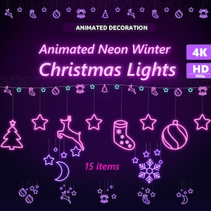 Könnte beinhalten: Animierte Neon-Winter-Weihnachtslichter in Pink und Lila. Die Lichter haben die Form von Sternen, Schneeflocken, Rentieren, Glocken, Strümpfen und Weihnachtsbäumen. Der Text "Animated Neon Winter Christmas Lights" und "15 items" ist ebenfalls im Bild enthalten.