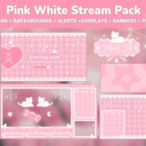 Pacote Twitch de sobreposição de fluxo rosa, pacote Twitch de gato rosa e branco estético Celectial Star Moon para Vtubers, Streamer
