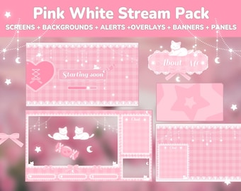 Paquete de Twitch rosa lindo, paquete de transmisión rosa y blanco con estética suave para Vtubers y streamers.