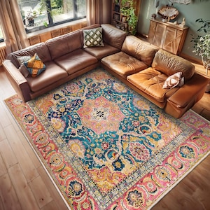 Tappeto multicolore in broccato, tappeto decorativo con medaglione floreale vintage, tappeto ispirato alla persiana, tappeto in stile antico, tappeto boho blu, tappeto da salotto