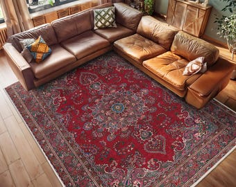 Red Persian Medallion Area Rug -Vintage Floral Accent Carpet-Intricate Red Blue Mat-Decorative Oriental Throw Rug-Stylish Living Room Runner