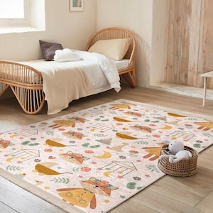Alfombra infantil con temática de zorro en colores pastel - Alfombra con estampado de dibujos animados de animales del bosque - Alfombra para habitación infantil - Alfombra con diseño de animales lindos y coloridos - Alfombra infantil