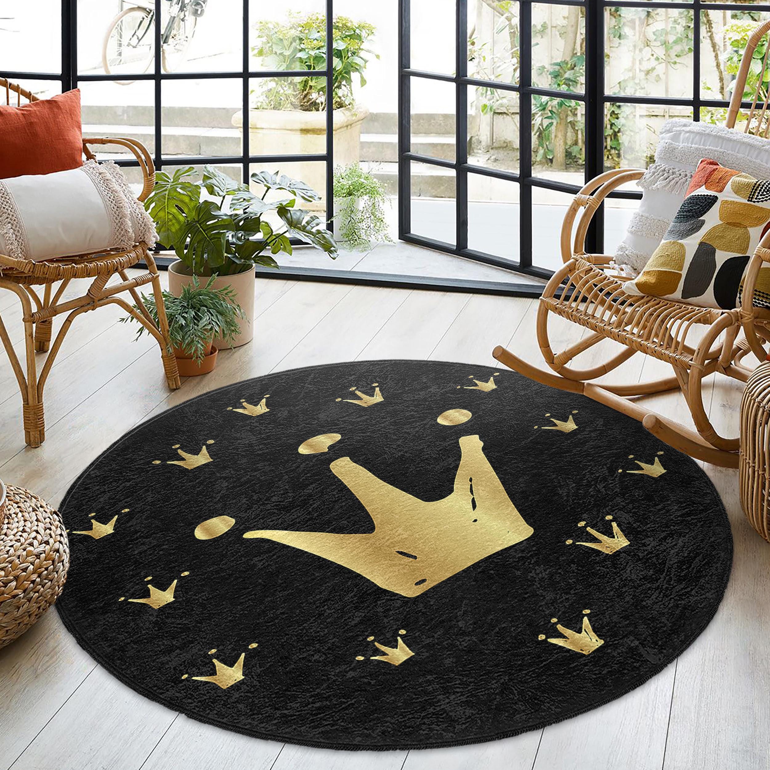 Kerdom Rug Golden Crown Themed Round Rug -regal Black Patterns Circle Carpet ...