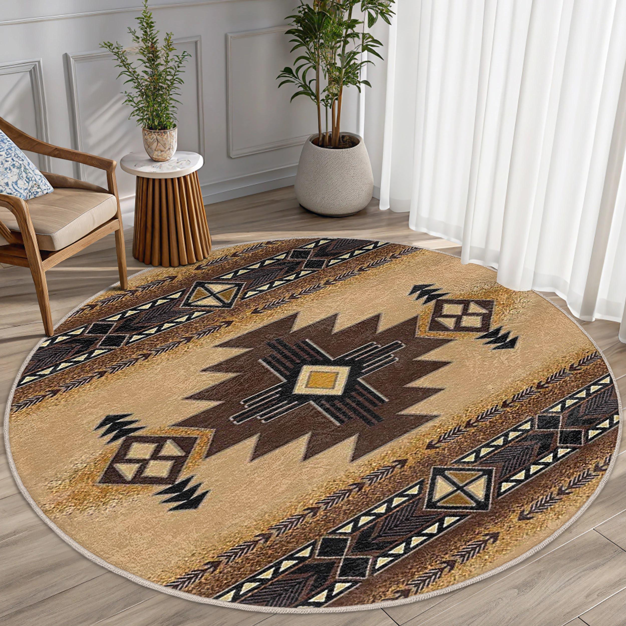 Aztec Beige Geometric Round Rug - Classic Southwestern Circle Carpet ...