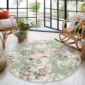 Floral Pastel Green Round Rug - Delicate Blooming Rose Pattern Accent ...