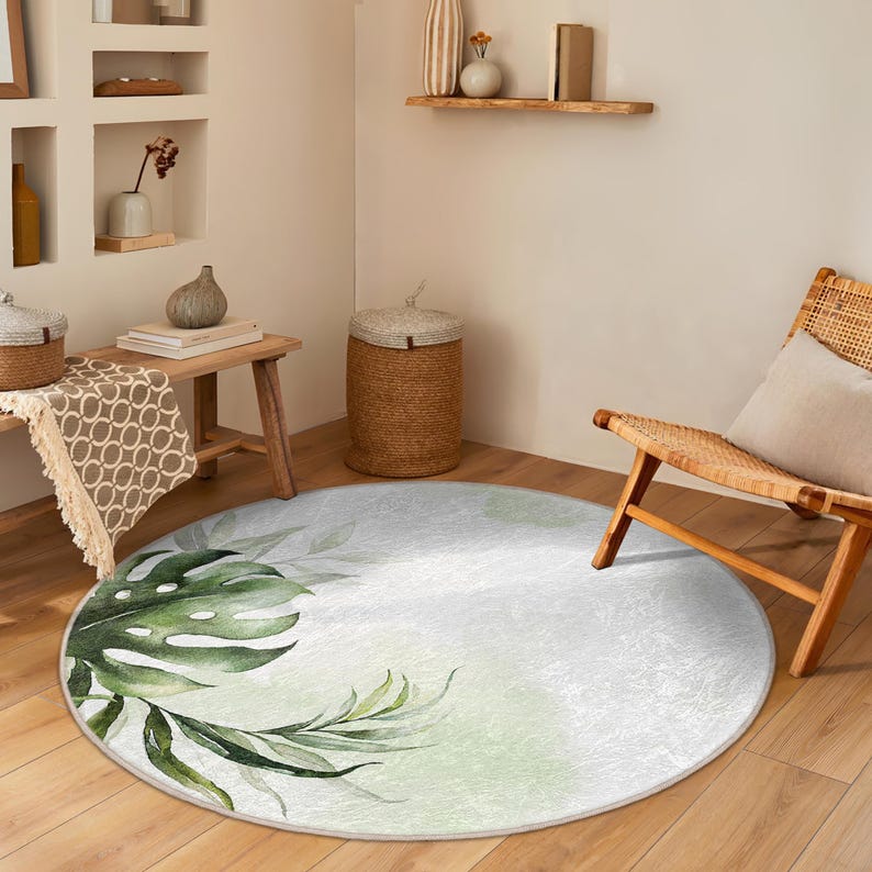Botanical Round Rug - Leaf Design Rug - Washable Round Carpet