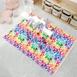 Colorful Heart Pattern Rug - Rainbow Multicolor Heart Design - Kids Playmat - Vibrant Area Rug - Playroom Carpet - Fun Decor Accent Rug
